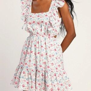 Lulu's Floral Ruffle Mini Dress - White and Pink